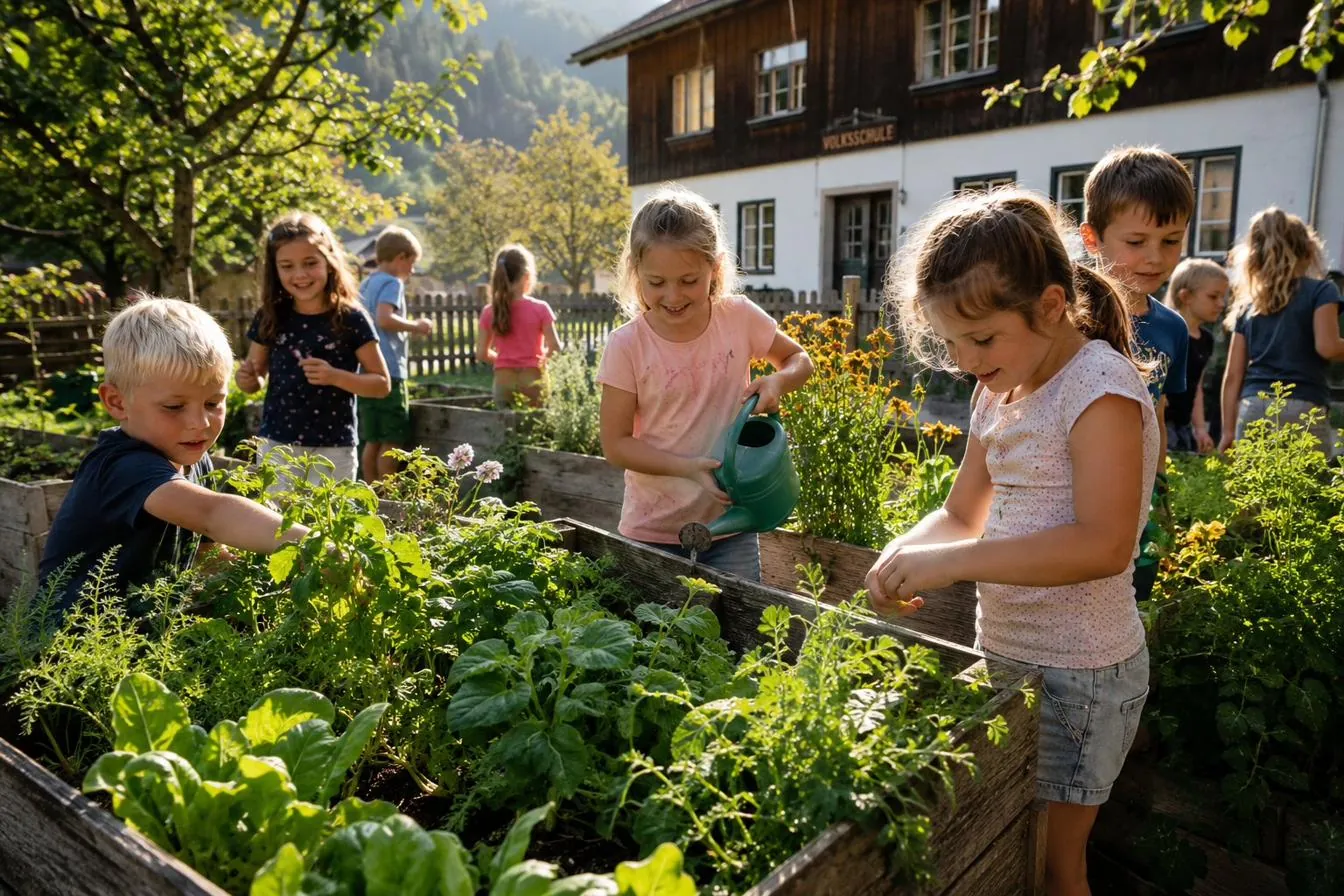 Unser Schulgebäude mit Garten